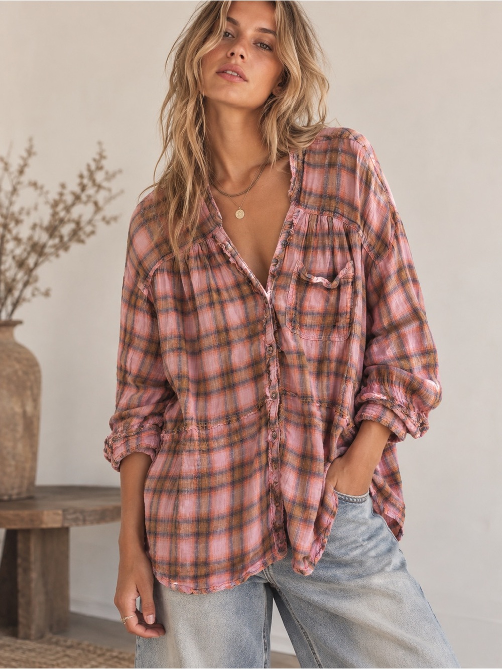 Free People Style Plaid Tunic Top Pink Boho Button Front Oversized Large